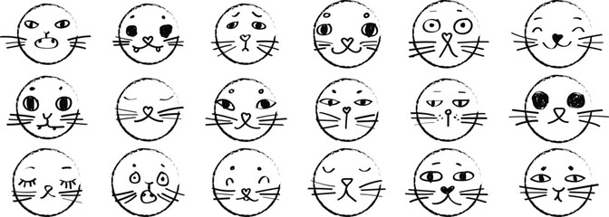 cute funny cat faces doodle hand drawn icon set. Collection of hand drawn oval faces with various animal features