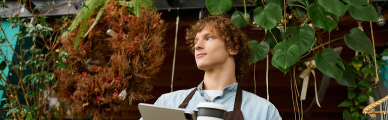 Creative young man working in a vibrant plant filled cafe on a sunny day