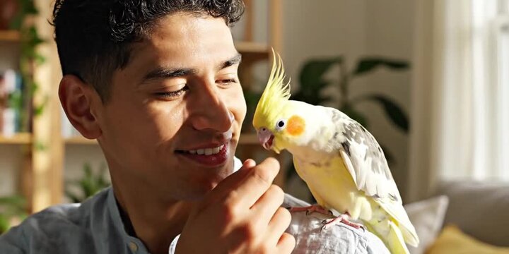 Man gently petting cockatiel perched on his shoulder indoors