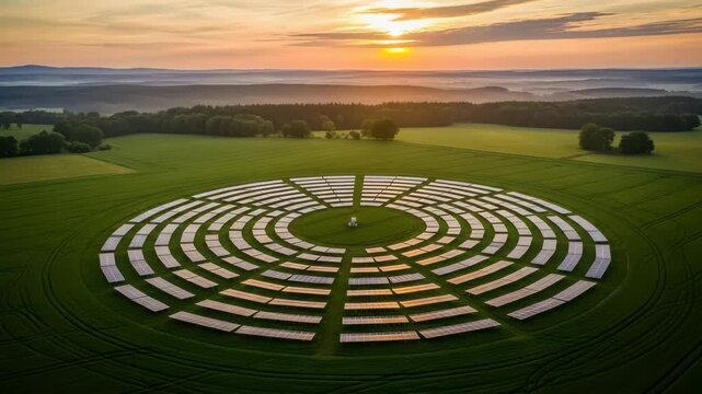 Aerial view of circular solar panel array in green field at sunset, showcasing renewable energy