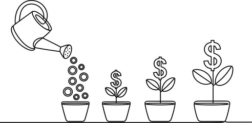 Financial Growth Metaphor Illustration, Watering Can and Growing Dollar Plants, Investment Strategy Development Savings Outline Vector Graphic