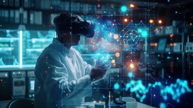 A man in a lab coat is immersed in a virtual environment. He is wearing a VR headset and appears to be interacting with a digital screen.