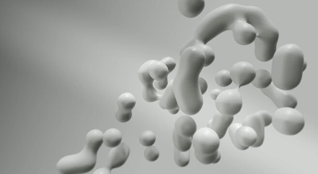 Abstract organic white shape slowly revolving against neutral grey background. Smooth fluid motion with soft geometry and surreal texture, blending minimal design and meditative visual structure