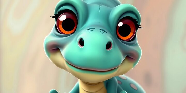 Smiling cartoon T-Rex with big eyes and tiny arms, pastel colors, happy, trex
