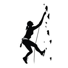 Silhouette of a woman indoor rock climbing on a bouldering wall, reaching for hold. isolated on white background, Vector, illustration