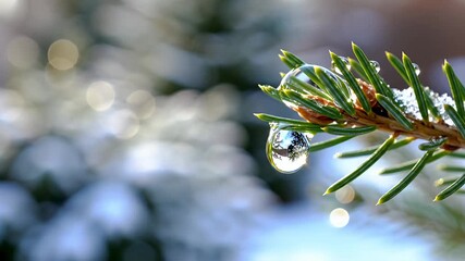 Stunning close-up of a vibrant green pine needle with a clear water droplet reflecting a snowy winter forest scene with beautiful soft bokeh