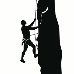 Silhouette of a man rock climbing up a steep cliff face using a rope isolated on white background, Vector, illustration