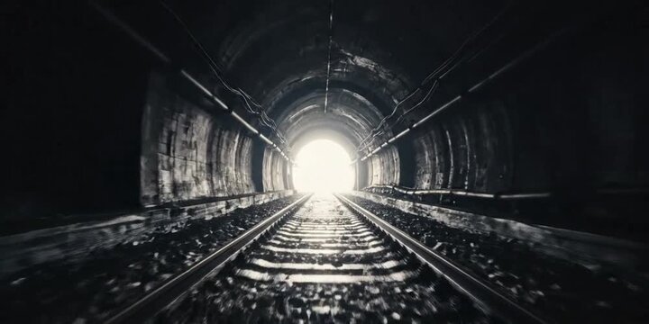 Long underground tunnel with railway leading to a distant light, creating an atmosphere of mystery
