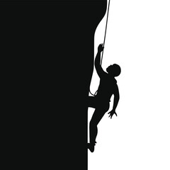 Silhouette of a climber ascending a stark vertical surface with a rope in black and white. isolated on white background, Vector, illustration