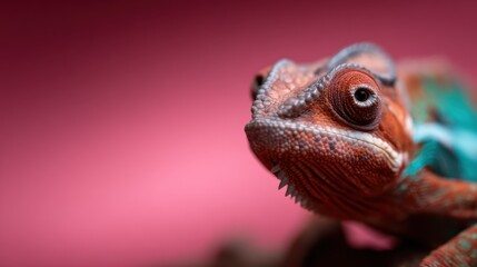 This striking close-up captures a colorful chameleon, showcasing its vibrant textures and expression, symbolizing adaptability and the beauty of nature's creations.