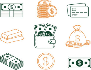 Set of Nine Finance Money Line Icons, Two-Tone Currency Credit Card Wealth Symbols, Minimalist Banking Investment Graphic Vector Collection
