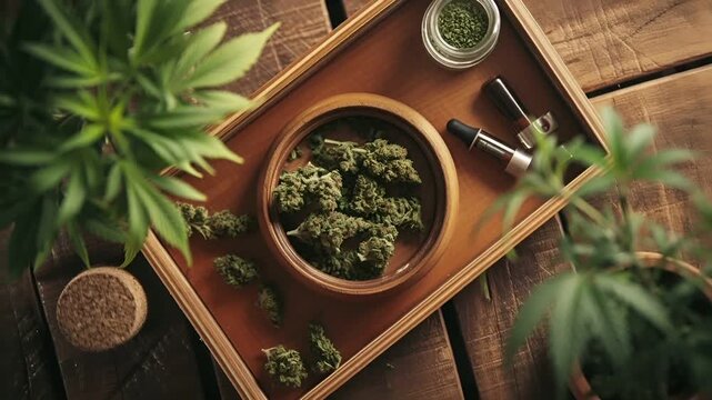 Marijuana cannabis topic concept. cannabis buds in a bowl on a wooden surface, with cannabis leaves and other cannabis paraphernalia surrounding them. The scene is set on a rustic wooden tray.