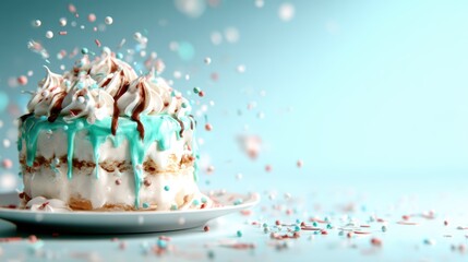 A beautifully decorated iced cake topped with whipped cream, drizzled chocolate, and colorful sprinkles, ideal for celebrating life’s most cherished moments and occasions.