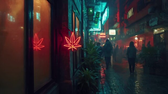 Marijuana cannabis topic concept. Neon cannabis leaf neon sign on a buildings exterior, with a blurred urban street scene in the background. The neon lights cast a warm, reddish hue over the scene.