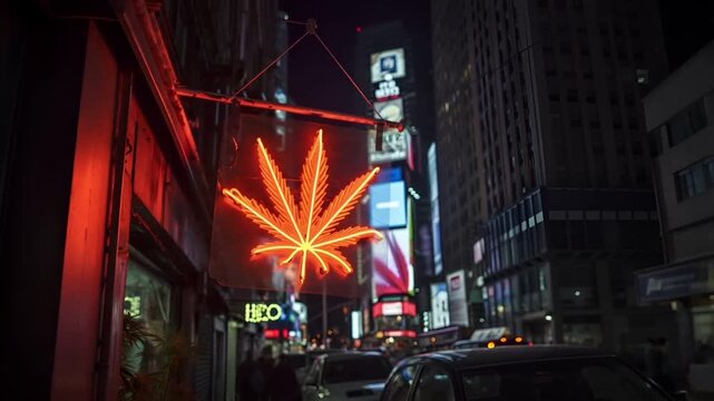 Marijuana cannabis topic concept. A nighttime urban scene featuring a neon sign with a cannabis leaf design.