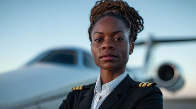A poised female pilot stands in front of a sleek private jet, exuding confidence and professionalism, symbolizing empowerment in the aviation industry.