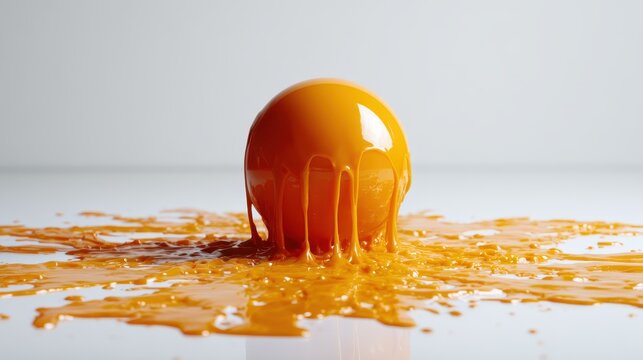 A perfect orange egg is seen melting on a smooth surface, showcasing its glossy texture and vibrant color as the yolk drips down in an enticing manner. - Powered by Adobe