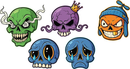 Expressive skull characters for edgy designs and cool merchandise, featuring a range of emotions and styles, ideal for stickers, apparel, and digital art