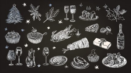 Retro doodles of Christmas party. Vintage new year icons dinner meals in chalk and crayon drawing