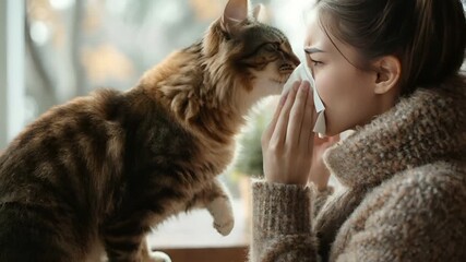 Allergy. A closeup of a woman blowing her nose with a tissue. The woman is wearing a textured sweater and has a focused expression on her face.