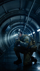 Soldier with AR Headset Aiming in Dark Tunnel