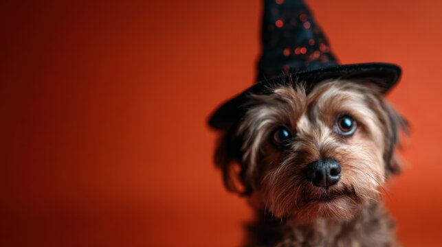 An adorable dog wearing a sparkling witch's hat, posed against a vibrant orange backdrop, exuding charm and playful energy while celebrating the spirit of Halloween.