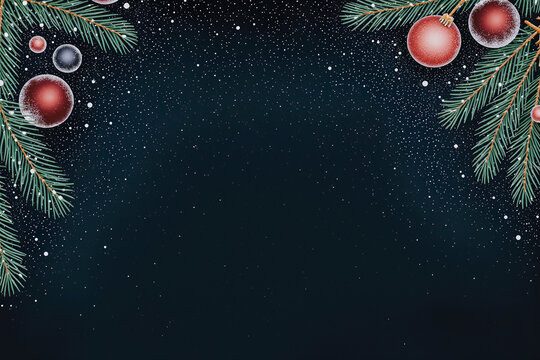 Festive christmas tree branches with ornaments and snowflakes