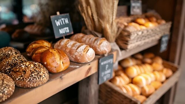 Allergy. A closeup shot of a bakery counter showcasing various types of bread and pastries. The breads are displayed in a variety of shapes and sizes.