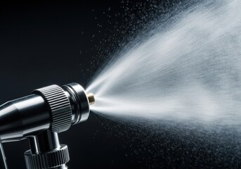 Close-up of Airbrush Spraying Liquid on Dark Background.