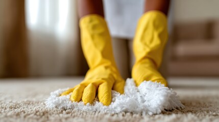 A person in yellow gloves diligently cleans a carpet using a cloth, emphasizing the importance of cleanliness and care in maintaining a cozy and inviting living space.