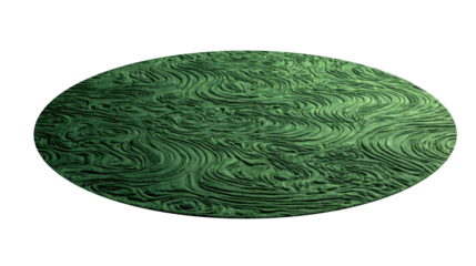 Green oval carpet featuring an abstract textured pattern with embossed swirls and organic wave shapes on a transparent background, offering a soft floor covering element, png