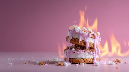 A delicious stack of melting desserts is dramatically contrasted against a pink background, embodying indulgence, warmth, and whimsy with playful elements of fire and sweetness.