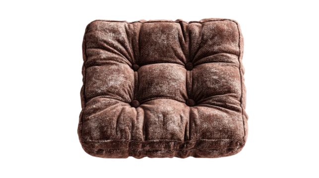 Brown velvet tufted cushion adding comfort and warmth to interior spaces, representing cozy home decor, softness, and inviting furniture elements on a transparent background, png