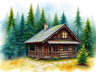 Watercolor painting of a quaint wooden cabin nestled among evergreen trees, misty morning,  rustic,  twilight