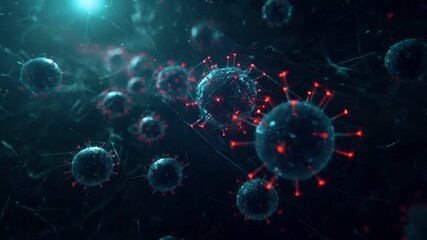 A highresolution digital artwork depicting a complex network of red and blue particles, possibly representing neural or biological interactions, set against a dark, abstract background.