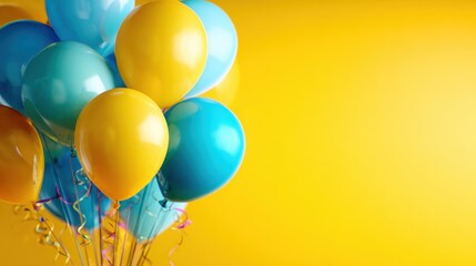 A vibrant collection of blue and yellow balloons against a cheerful yellow backdrop conveys a sense of celebration, fun, and joyous occasions.