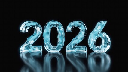  Icy blue 3D &ldquo;2026&rdquo; with glowing edges on a black background