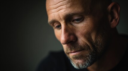 Obraz premium medium portrait of a bald middle-aged man with serious face, head slightly bowed in quiet resolve, moody indoor light, dark neutral background