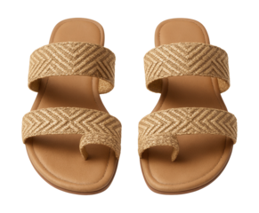 Flat sandals featuring a chevron pattern with woven straps and a toe loop.