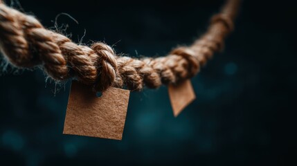 This close-up shot of a textured rope intertwined with tags creates an intriguing visual that combines nature with a hint of human intervention.