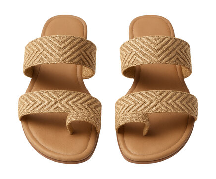 Flat sandals featuring a chevron pattern with woven straps and a toe loop.