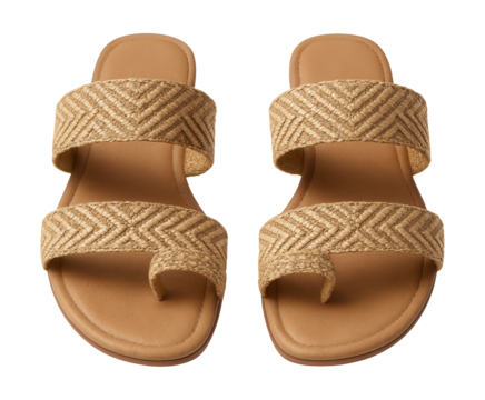 Flat sandals featuring a chevron pattern with woven straps and a toe loop.