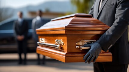 A man is holding a casket with a wooden lid. He is wearing a suit and gloves. The scene appears to be a funeral or a memorial service