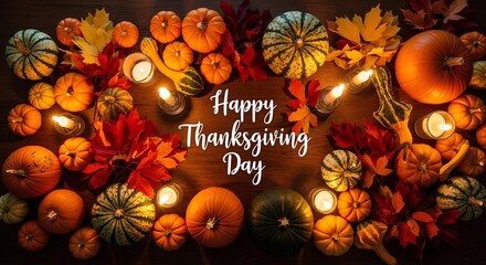 Candlelight Thanksgiving Scene with Pumpkins & Nuts