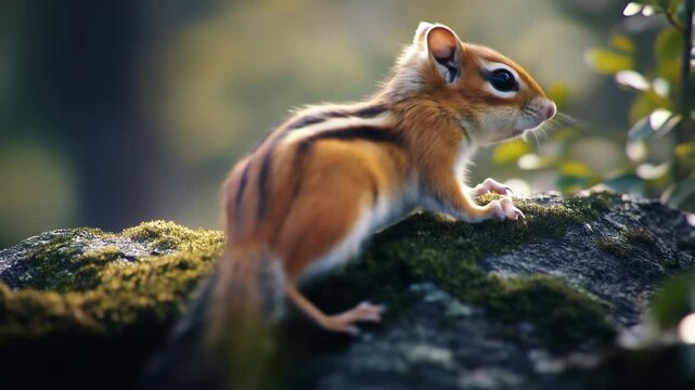 Close up of squirrel on mossy surface with blurred natural background