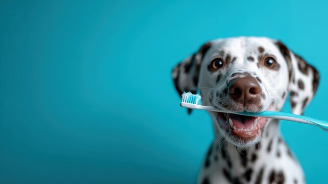 A cheerful dalmatian dog happily holding a toothbrush in its mouth showcases the playful side of pet ownership while promoting dental care in an engaging and heartwarming manner.