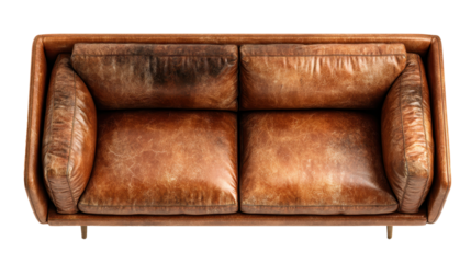 Distressed brown leather sofa with a vintage style and comfortable design, presented from a top view perspective, isolated on a transparent background, png