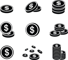 Set of Dollar Coin Icons, Stacked Scattered Money Currency Investment Symbols, Isometric Monochrome Finance Vector Graphic Collection