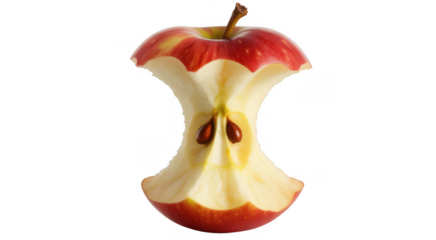 Red apple core with visible seeds and stem isolated on a transparent background