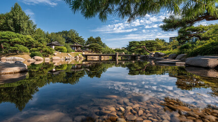 Fototapeta premium Serene japanese garden with bridge over calm water reflecting the sky and trees above